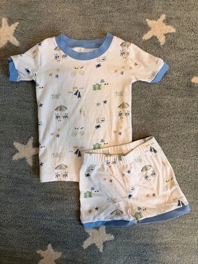 Kids White Beach Print Lake Pajama Set with Blue Trim 3T
